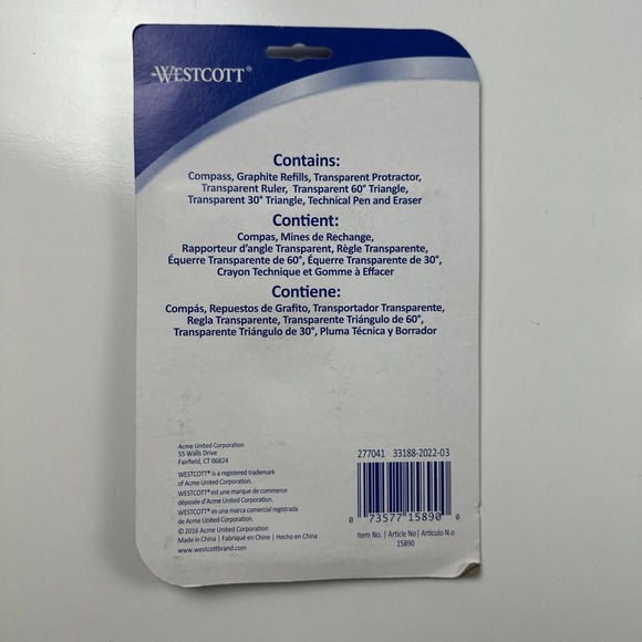 Westcott 8pc. Math Set: Compass/Refills/Protractor/Ruler/Triangles/Pen & Eraser! - Picture 2 of 2